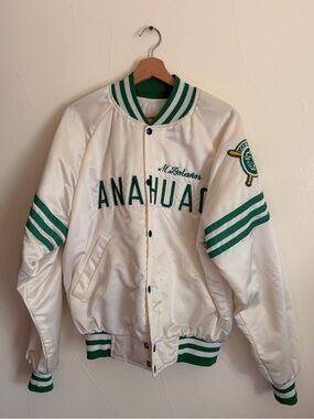 México City Baseball Anahuac White Satin Varsity Jacket with Green Trim